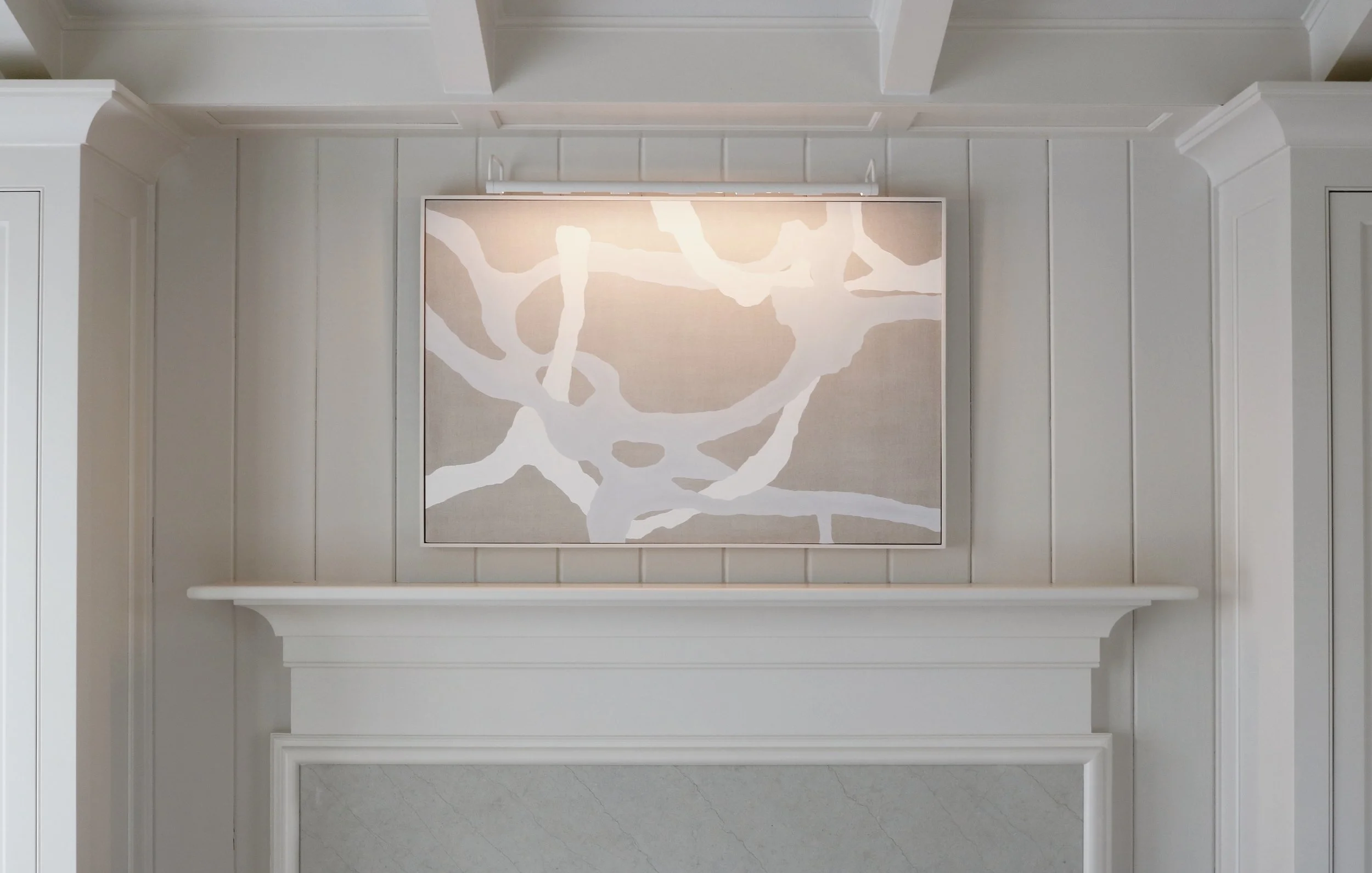 Alexander Mann residential interior design, painting above fireplace, white millwork, coffered ceiling, DC private residence