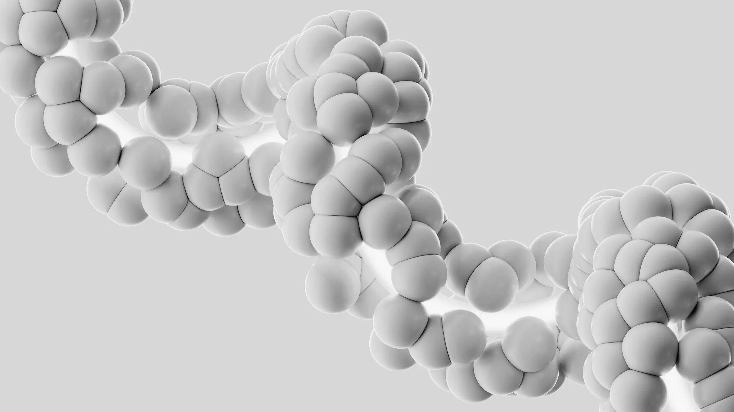 Illustration of a DNA double helix structure composed of white spherical molecules on a light gray background.