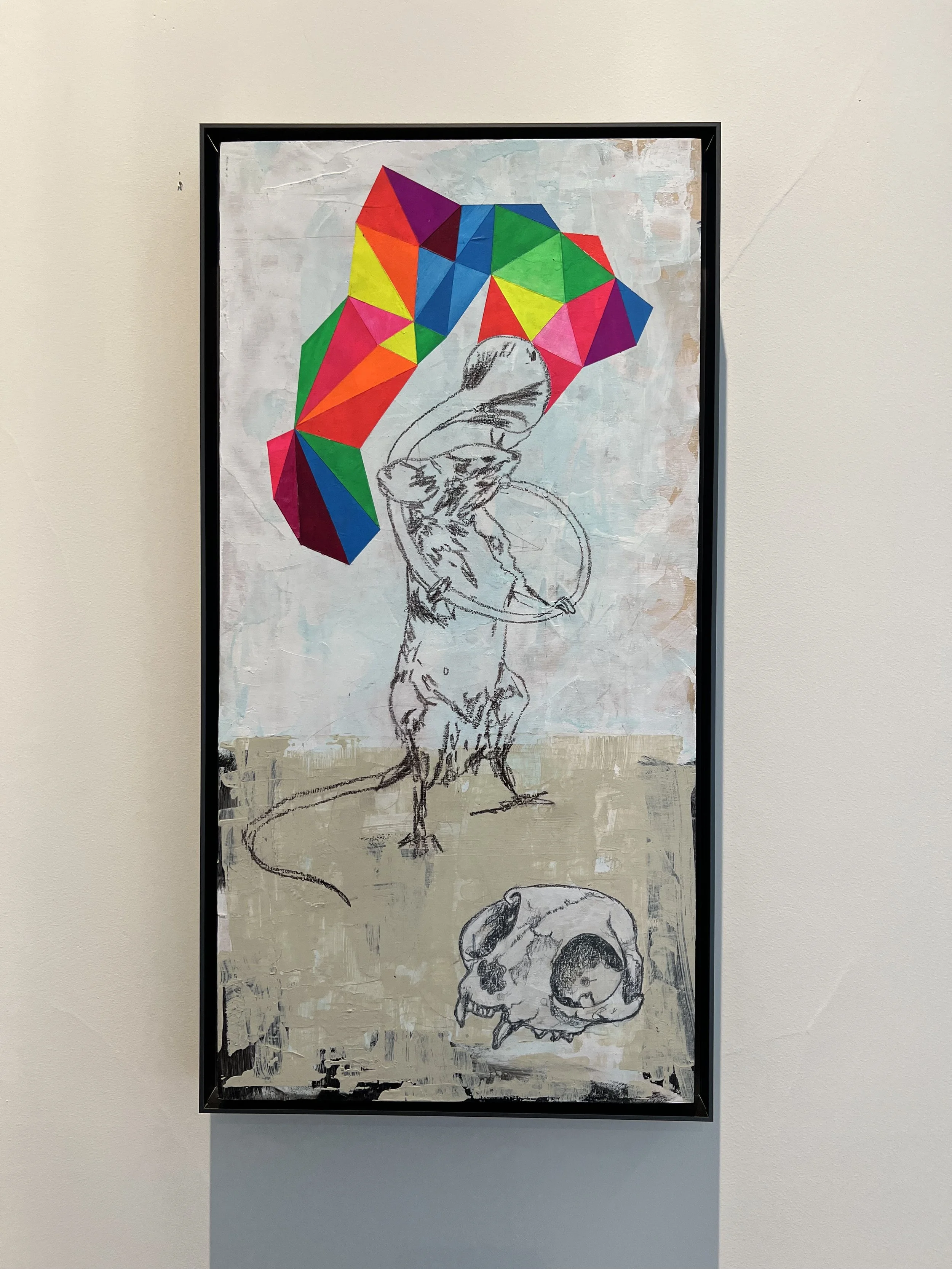 Compassion Notes
25 x13 x 1.5 Acrylic/Gosh/Pastel on Birch panel, floating frame gunmetal.