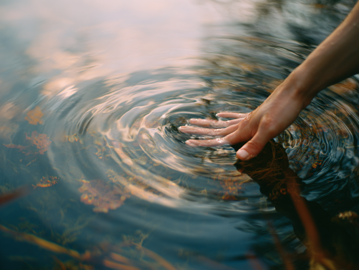 A person's hand touching the surface of a calm body of water, creating ripples. Leaves are floating on the water.