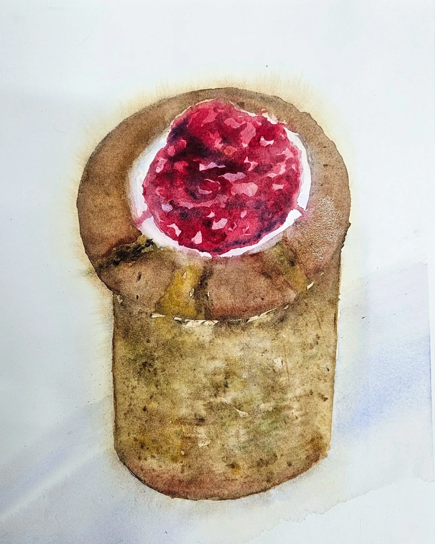 A watercolor painting of a baked good with a red berry topping.