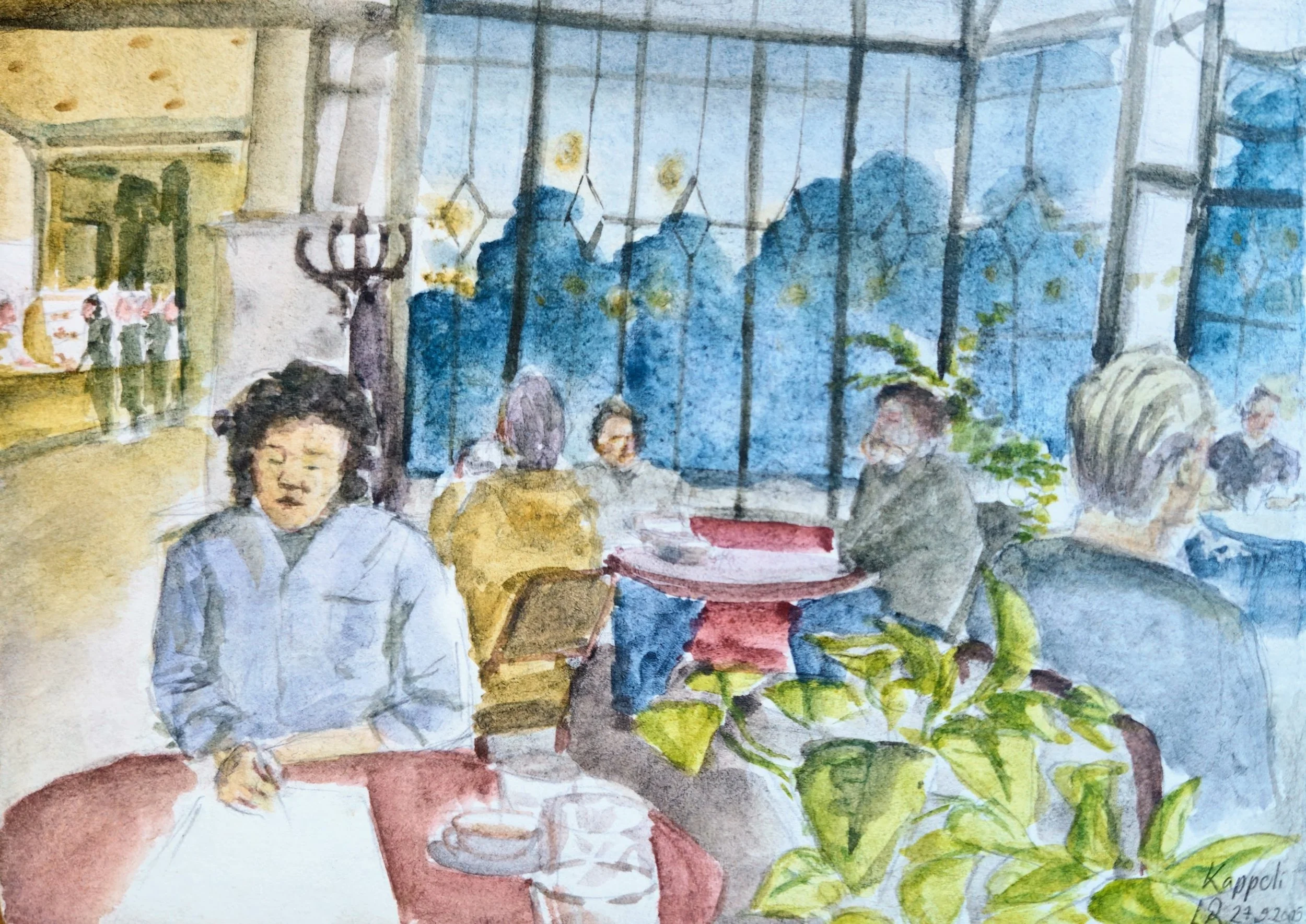 Värikäs akvarellimaalaus ruokapöydästä ja ihmisistä ravintolassa, joita katsotaan läheltä. Taustalla suuret ikkunat, jotka antavat luonnonvaloa huoneeseen.