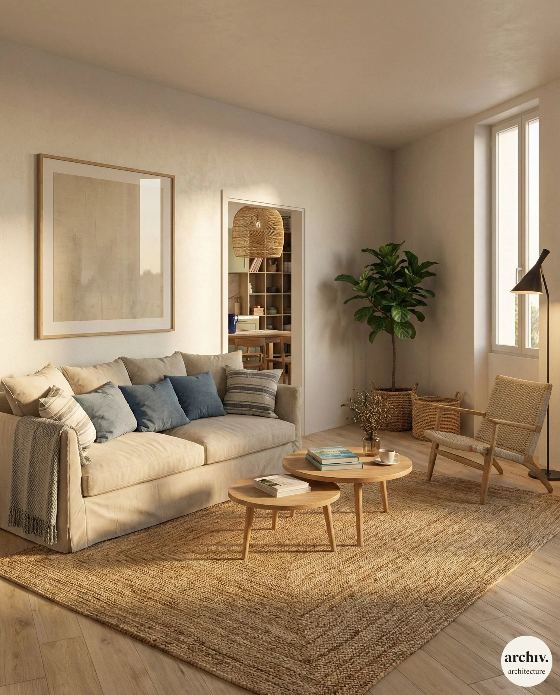 A cozy living room with a cream sofa adorned with blue and striped pillows, wooden coffee tables, a rattan armchair, a large plant, and a textured area rug. There are large windows allowing natural light.  Royan.