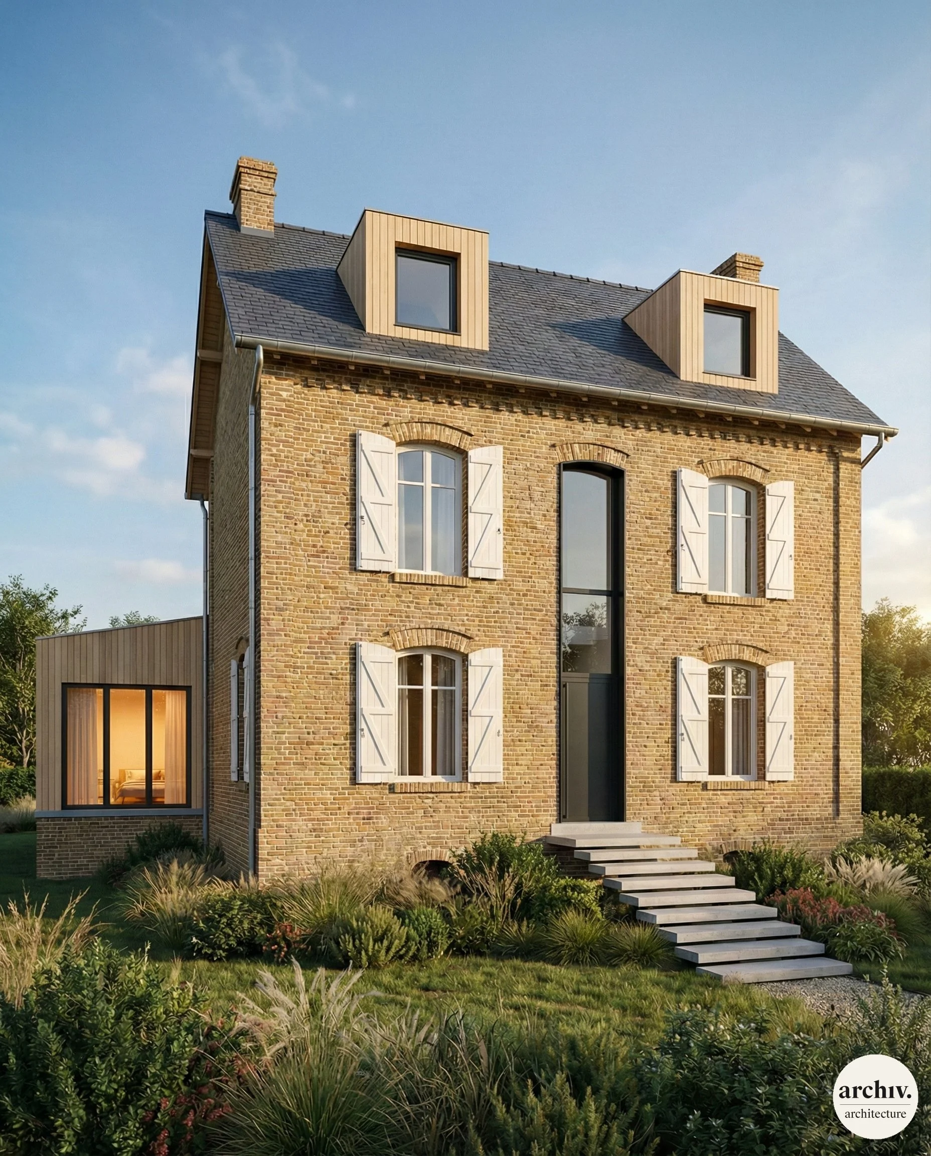 A renovated brick house with three floors, white shutters on arched windows, and two modern dormer windows on the roof, surrounded by landscaped greenery. Reims.