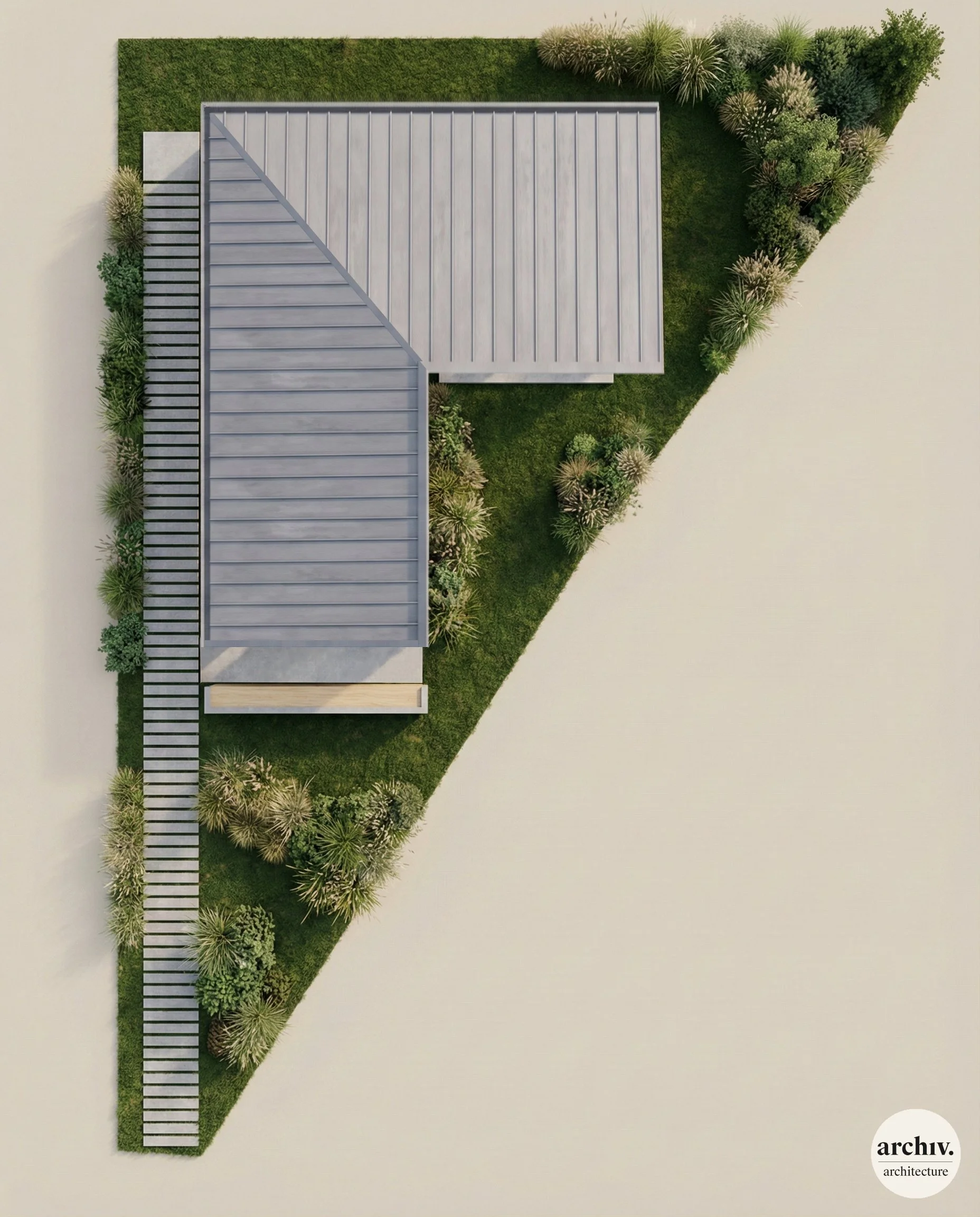 Plan architectural d'un bâtiment avec toiture en zinc gris, entouré de végétation, et un chemin en béton.