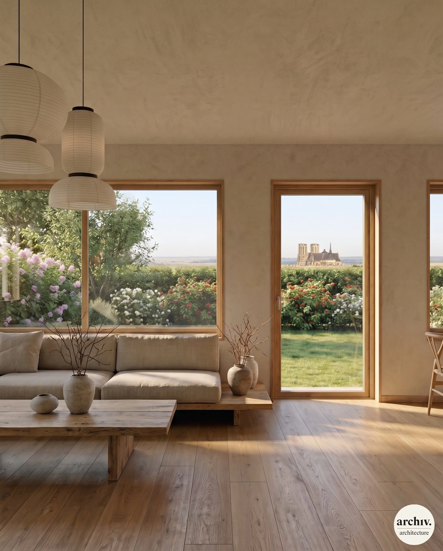 A living room with large windows and a glass door looking onto a cathedral and a garden with bushes and trees. The room has a beige couch, wooden flooring, and minimal decor including vases with branches and a coffee table. Reims.