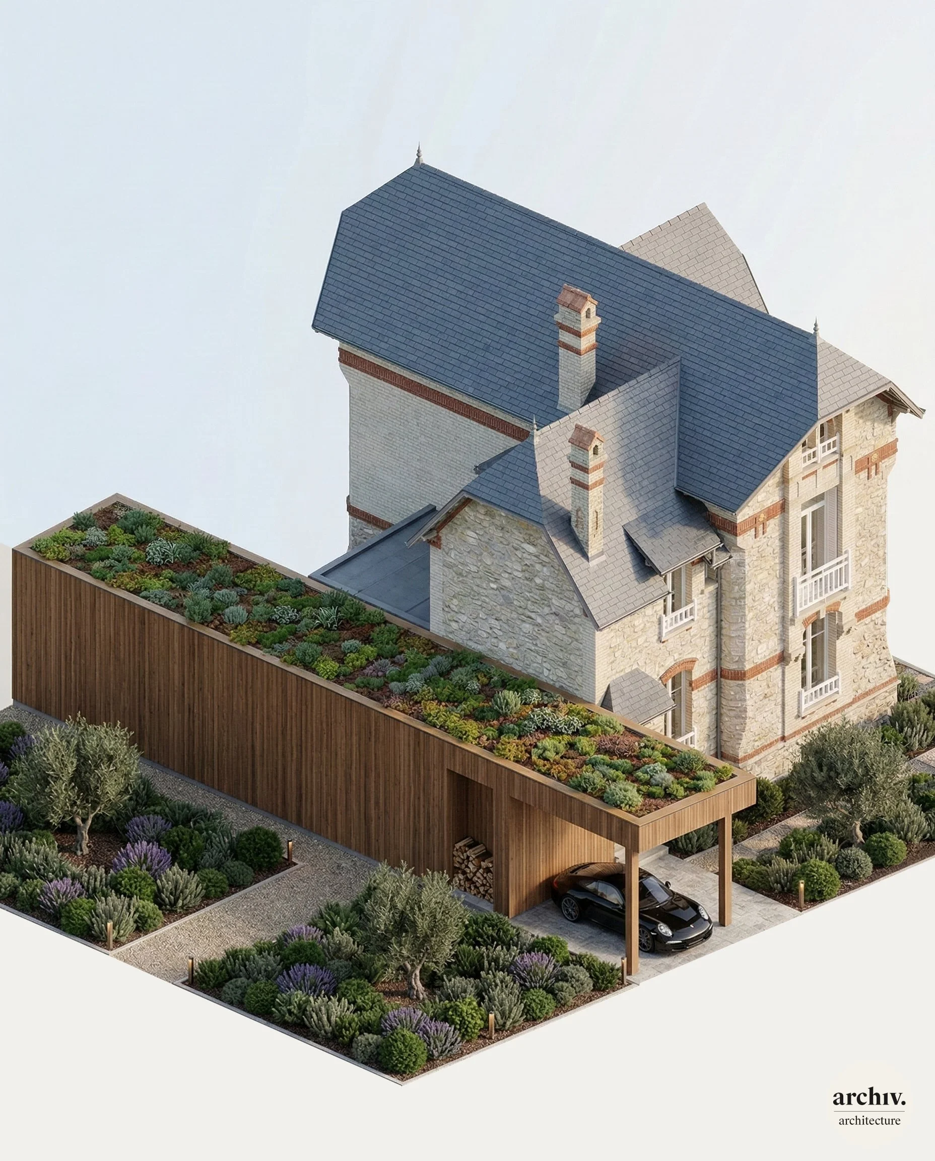 A mutl-story house with stone and brick walls, black roof shingles, and a surrounding garden with plants, trees, and landscaping. There is an attached carport with one car parked inside. Reims.