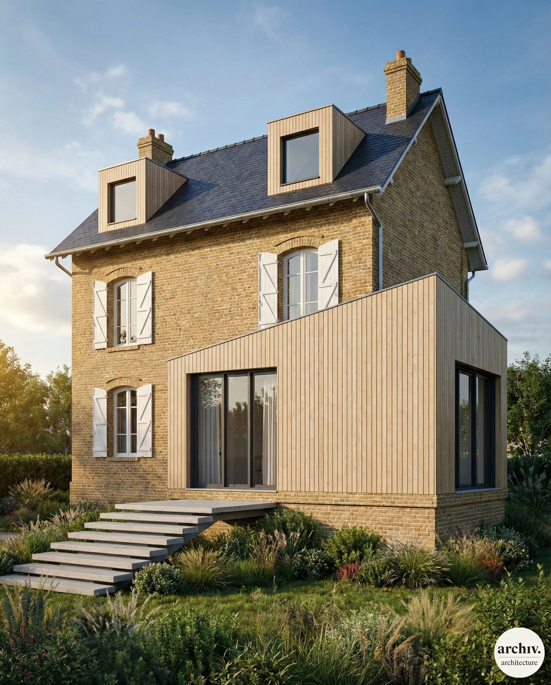 A multi-story house with a brick exterior, white window shutters, and modern wooden accents on the upper floors, surrounded by landscaped greenery and a descending staircase leading to a patio.  Reims.