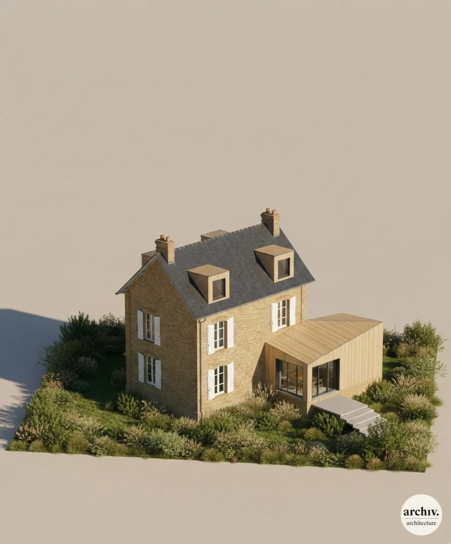 Axonométrie d'une maison traditionnelle en brique avec extension en bois, entourée de végétation.