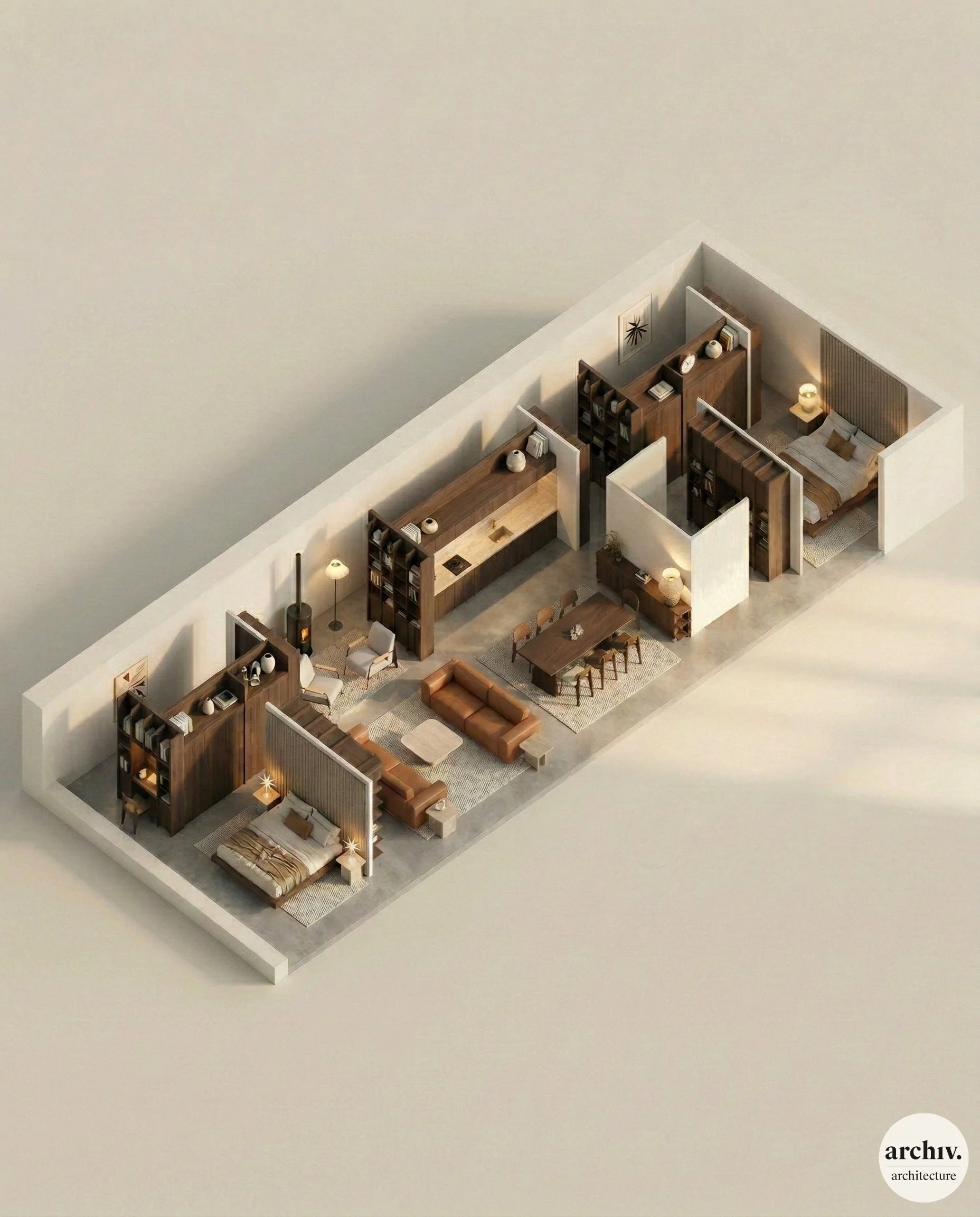 A 3D floor plan of a modern apartment with a living room, kitchen, two bedrooms, and several bookshelves and decorative items. renovated loft Paris.