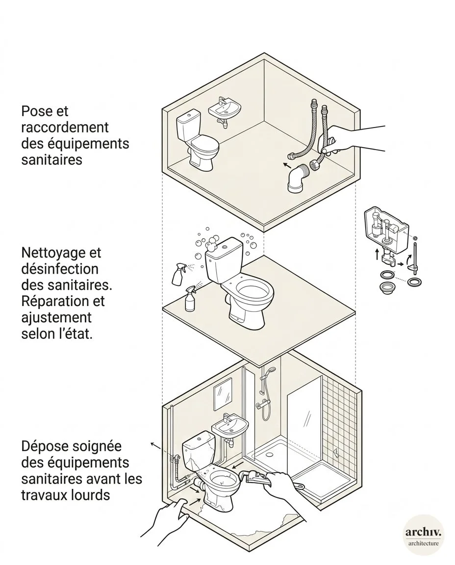 Schéma détaillé illustrant les étapes de réemploi des équipements sanitaires, incluant la dépose, le nettoyage, la réparation, et la pose.