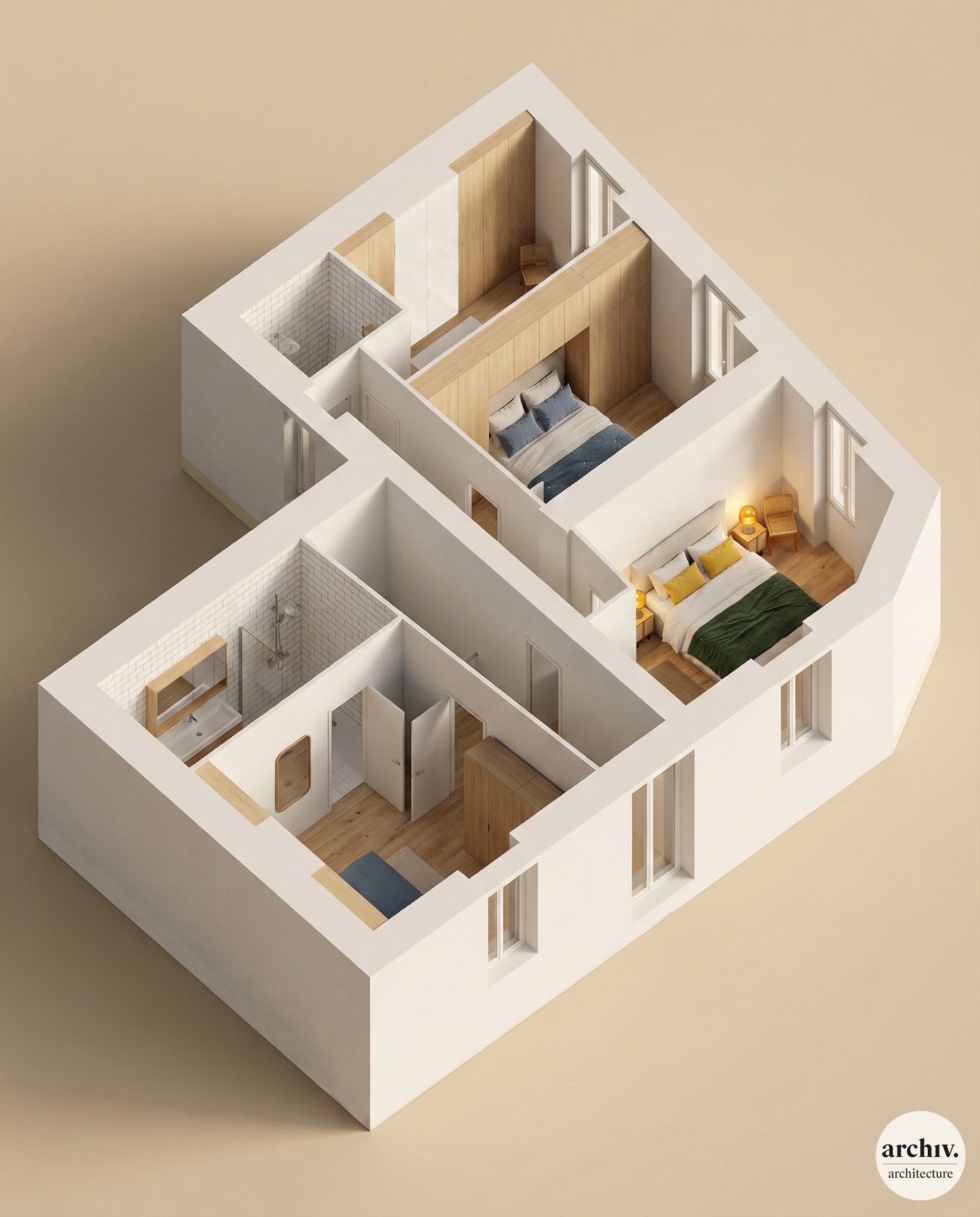 A 3D second floor of renovated  house showing an interior with four bedrooms, bathrooms, and wooden accents.  Royan.
