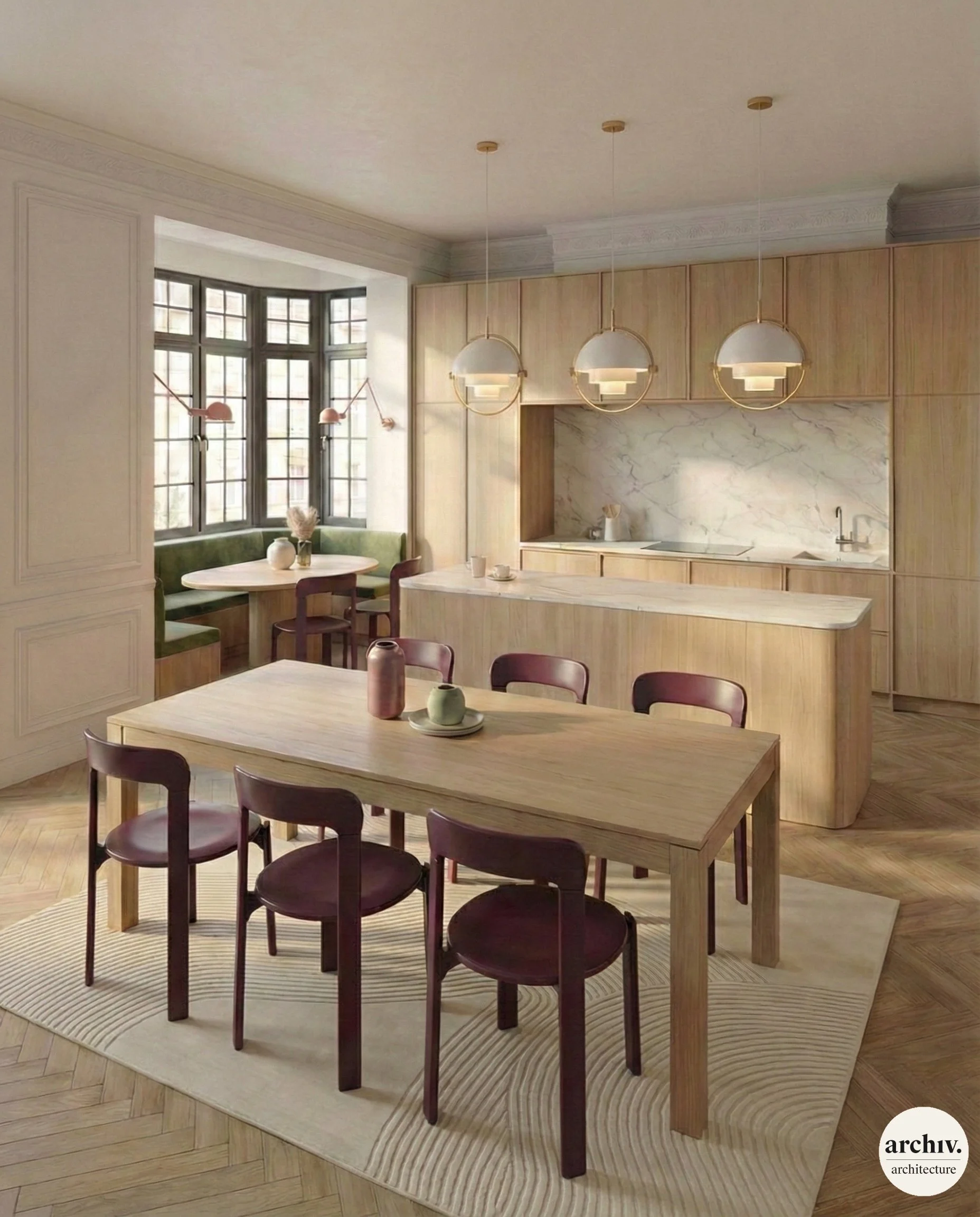 A scandinavian kitchen and dining area with wooden furniture, purple chairs, a marble backsplash, and pendant lights in an haussmann flat.  Paris.