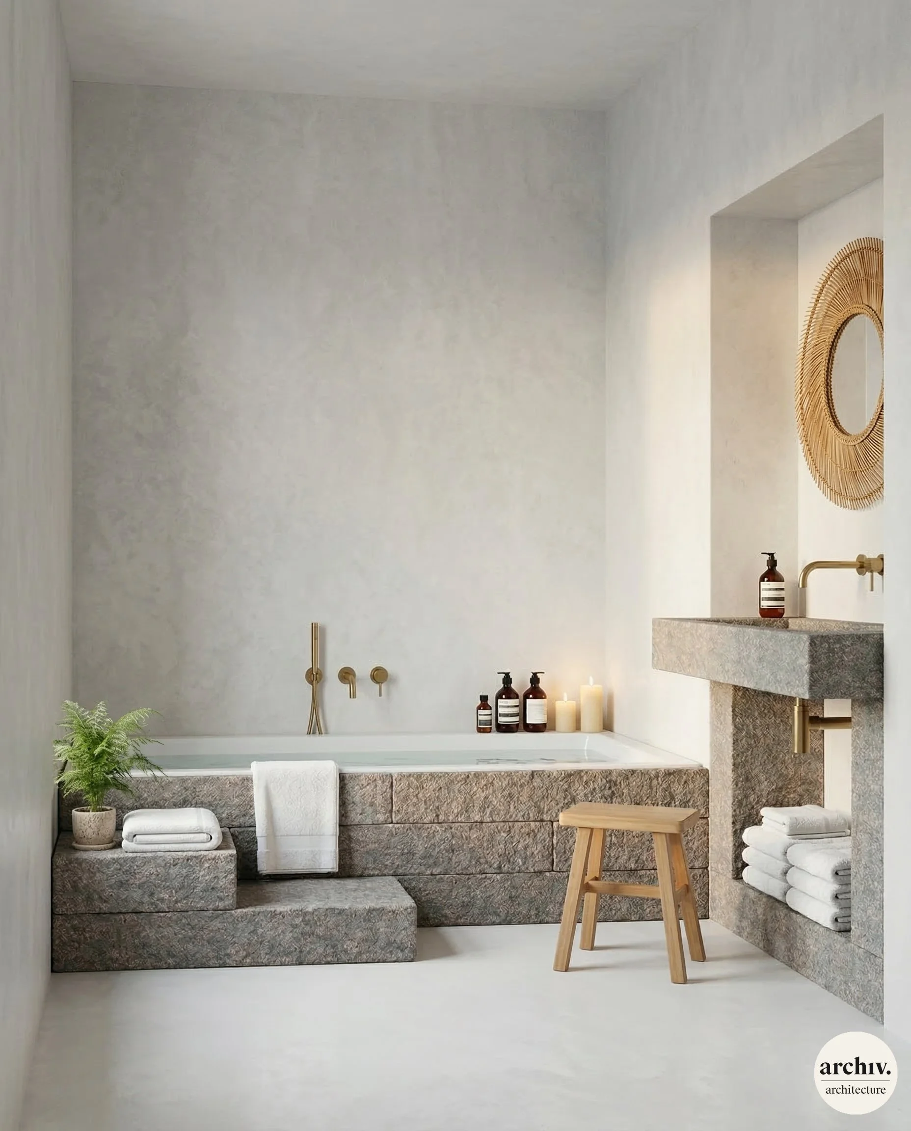 Minimalist bathroom with a rectangular bathtub built into a stone platform, candles and bottles on the edge, a small potted plant, a wooden stool, a stone sink with a gold faucet, a round mirror with a woven frame, and neatly folded towels. Bretagne.