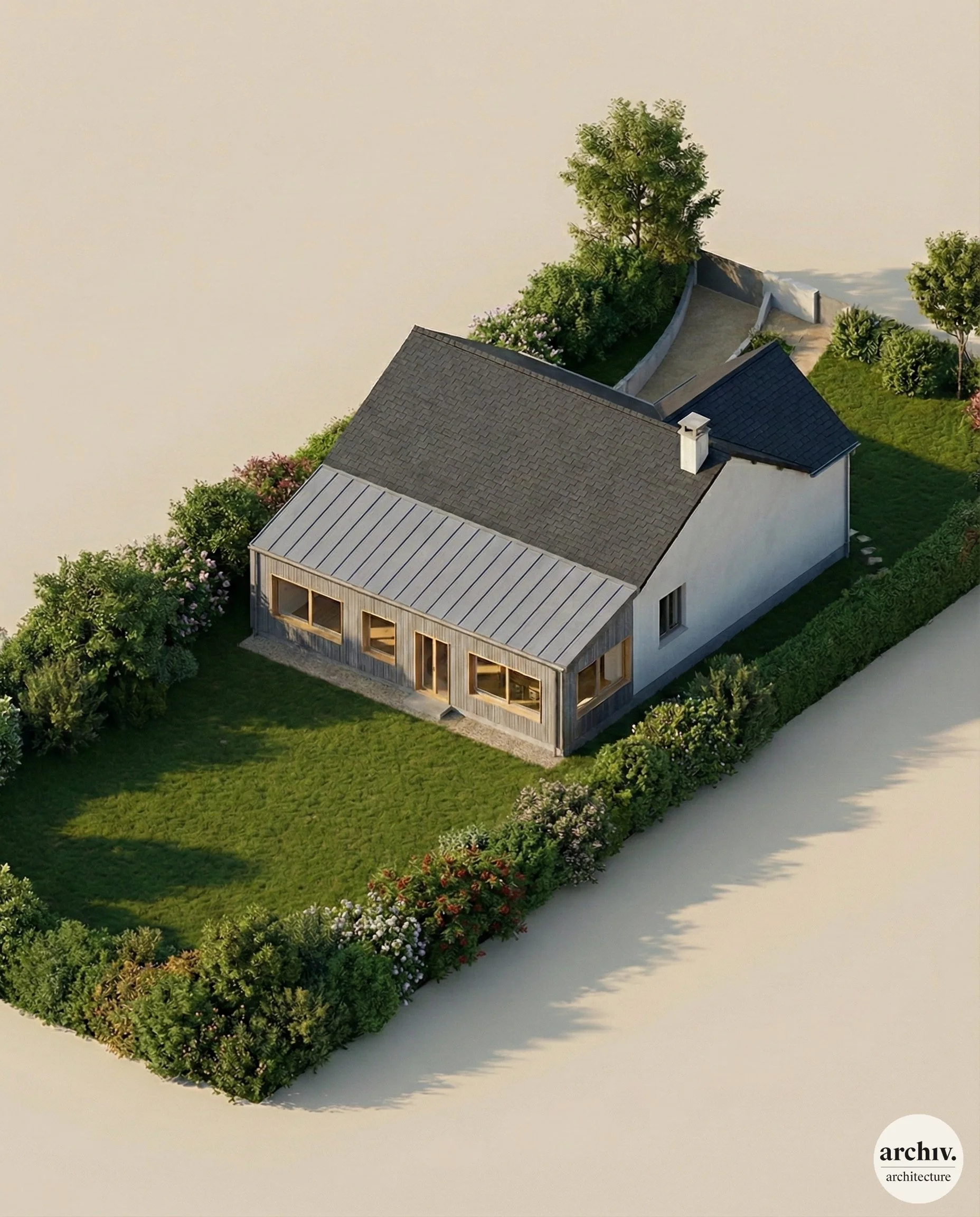 A 3D model drone view of a house with a gray roof, wooden extension, and a garden surrounded by bushes and trees. Reims.