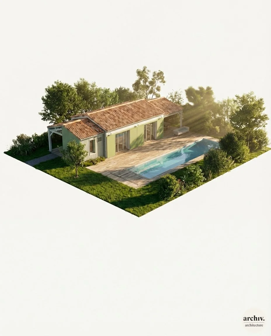Pool house with green exterior shutters and a tileds roof, surrounded by trees and greenery, with a wooden deck and a swimming pool in the backyard, during daytime with sunlight.  Royan.