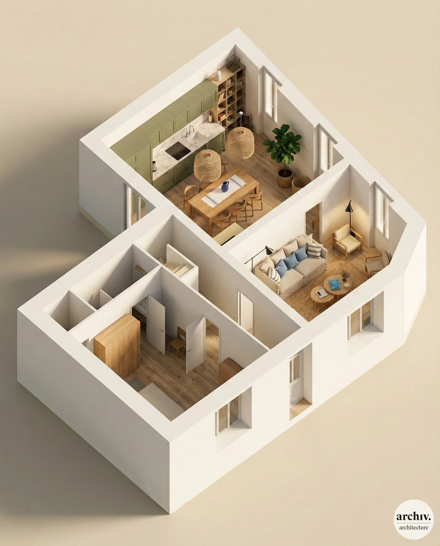 A 3D first floor plan of a renovated house showing a kitchen, dining area, living room, and an additional room.  Royan.