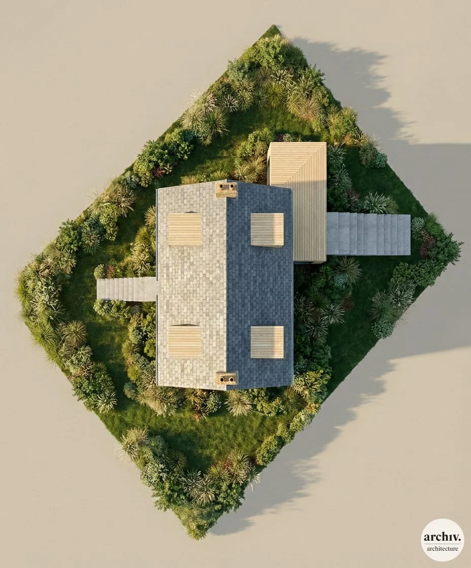 Vue aérienne d'une maison entourée de végétation, avec un toit en ardoise et une extension en bois.