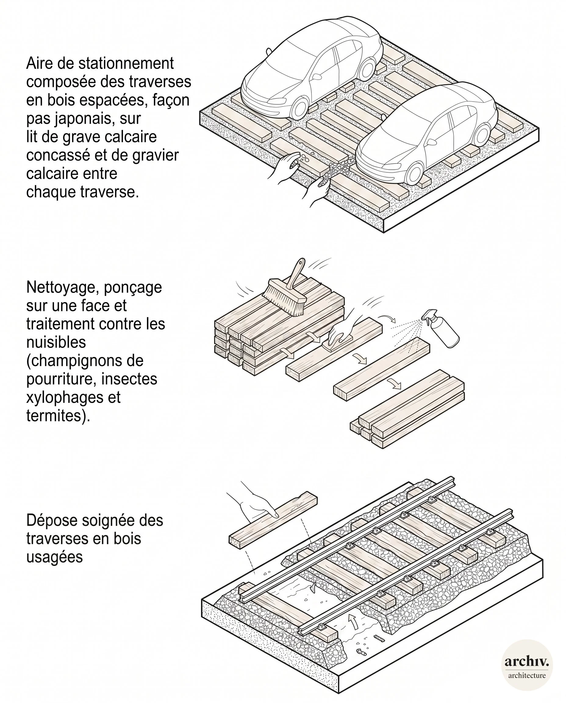 Schéma détaillé illustrant le réemploi de traverses bois SNCF en aire de stationnement perméable pour automobile
