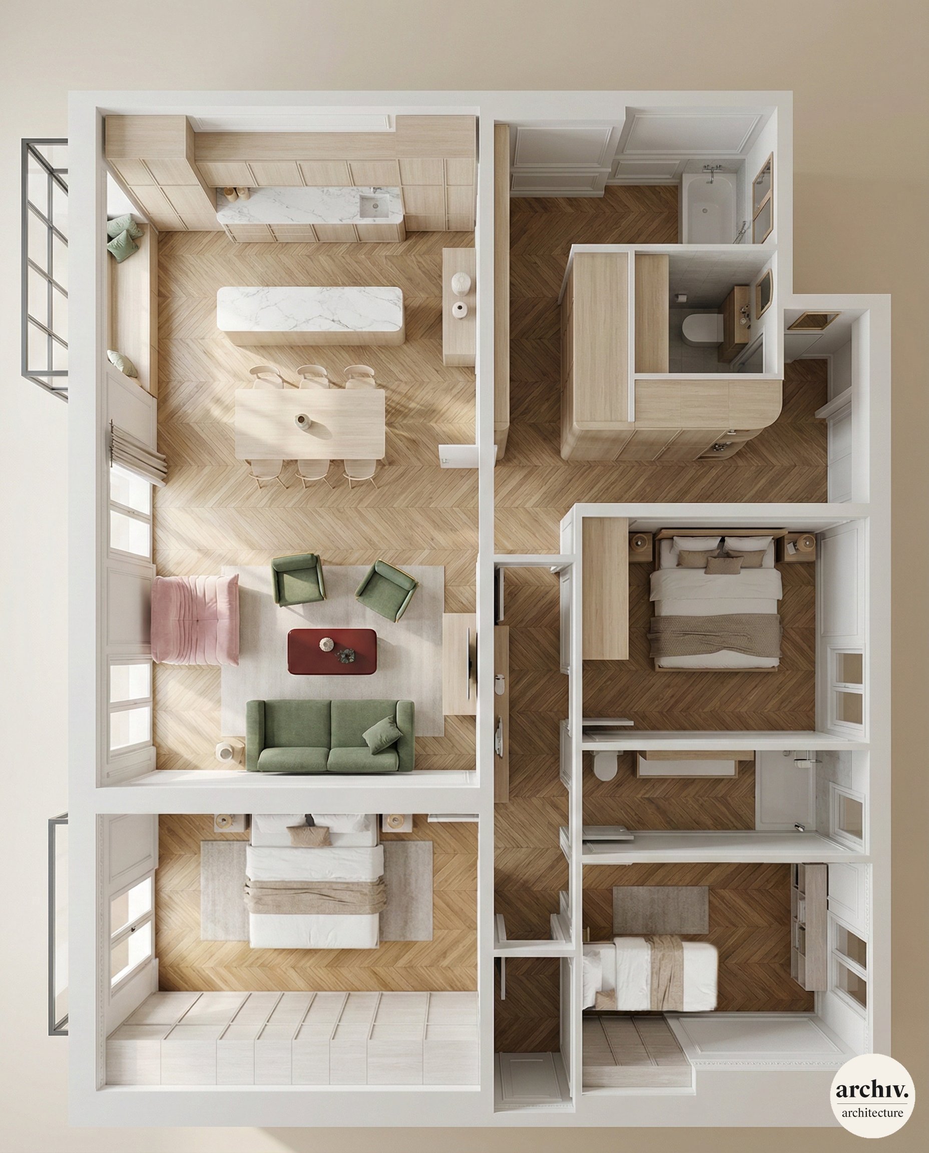 Top-down view of a modern apartment floor plan with a living room, dining area, kitchen, two bedrooms,, and bathrooms. renovated loft Paris.