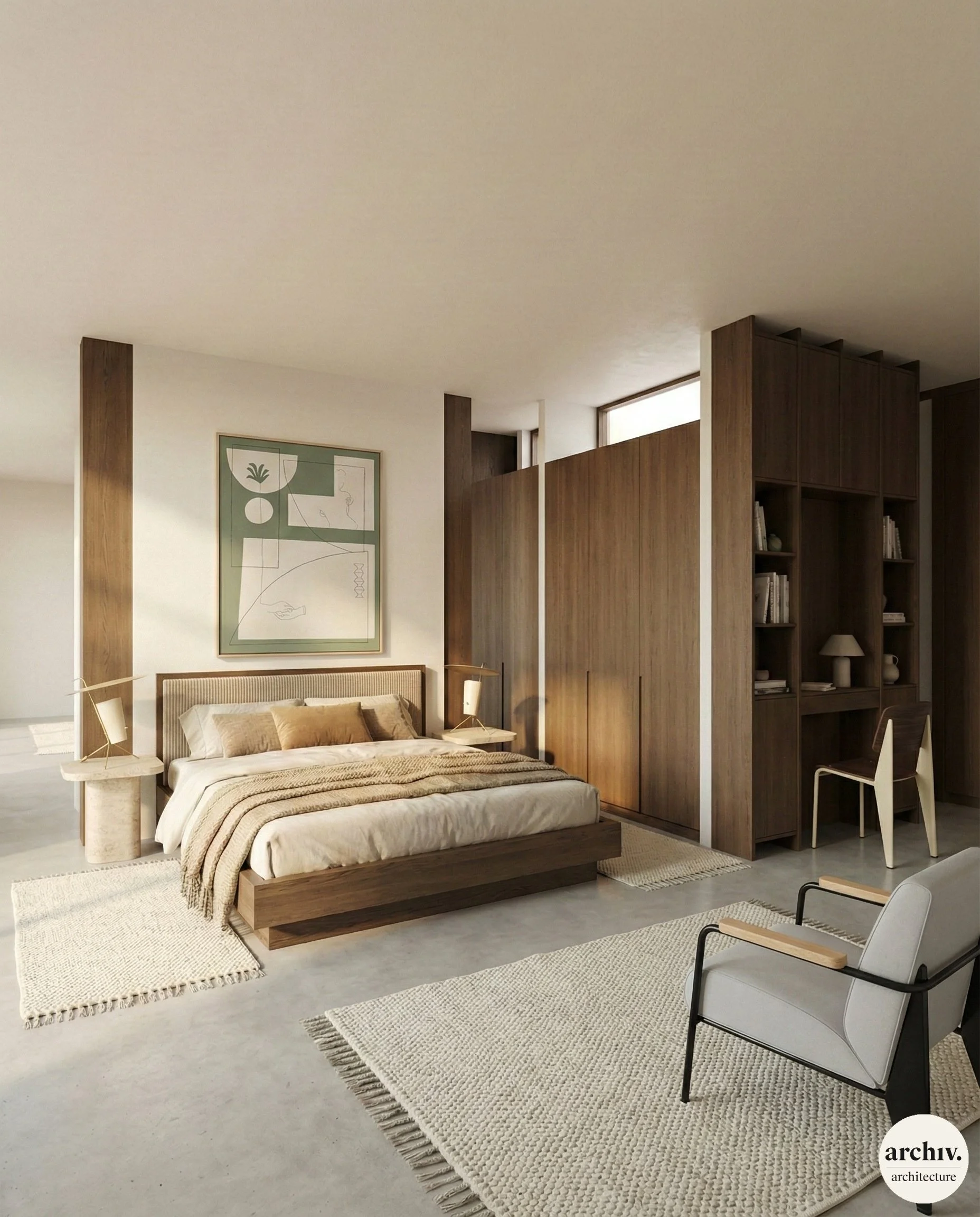 A modern, minimalist bedroom with a wooden bed frame, beige bedding, two bedside tables with lamps, a large abstract green and white artwork above the bed, a light gray armchair, and built-in wooden shelves and cabinetry.  renovated loft Paris.