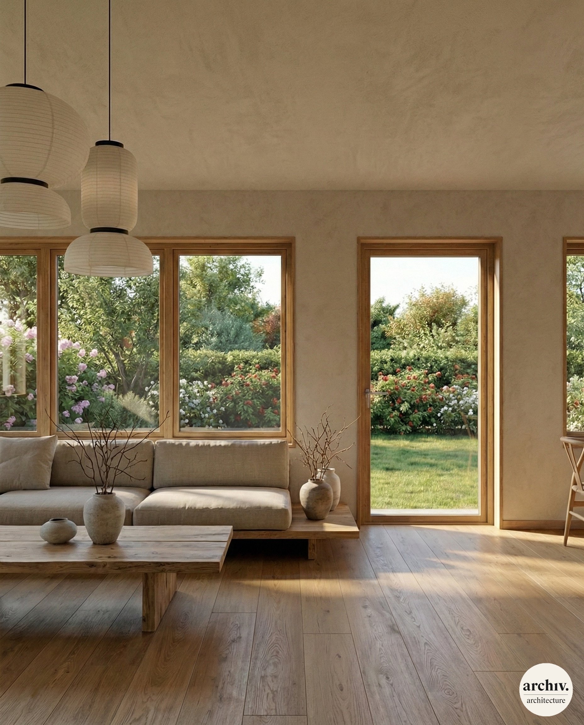 A living room with large windows and a glass door looking onto a garden with bushes and trees. The room has a beige couch, wooden flooring, and minimal decor including vases with branches and a coffee table. Reims.
