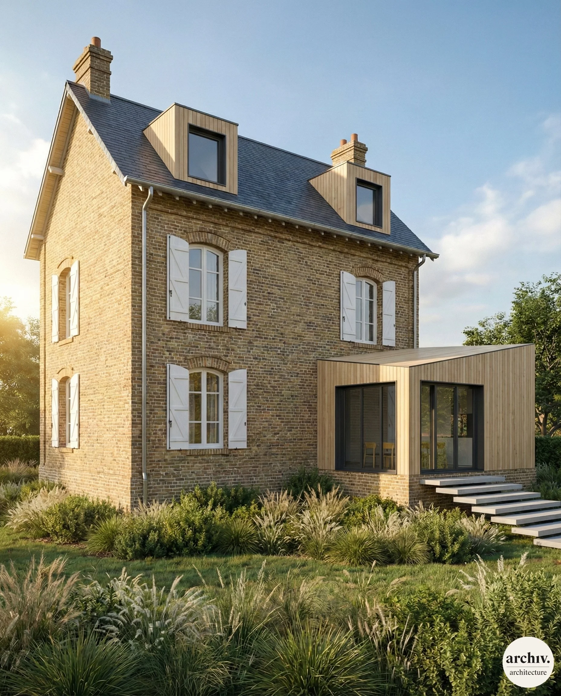 A renovated brick house with white window shutters, a slate roof, and a modern wooden extension with large glass doors, surrounded by lush greenery and plants. Reims.