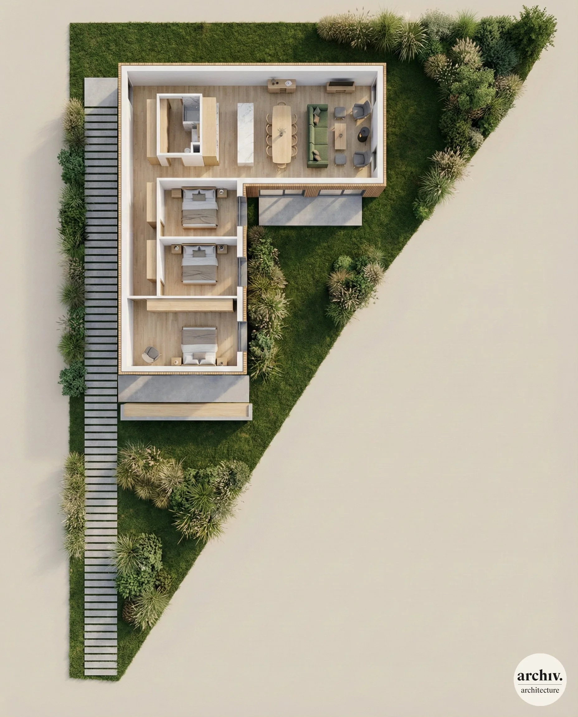 Top-down view of a modern house with a large outdoor patio and surrounding green lawn and plants. Reims.