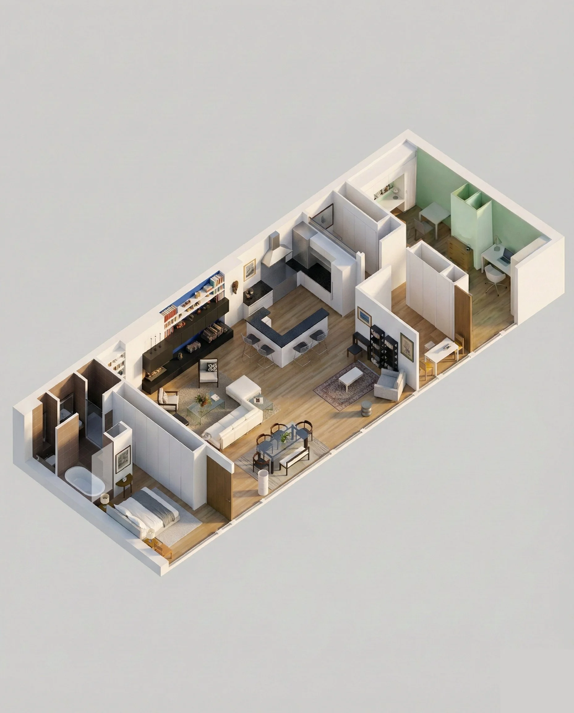 3D floor plan of a modern apartment with a bedroom, bathroom, living room, kitchen, and a small office or study area. loft paris.