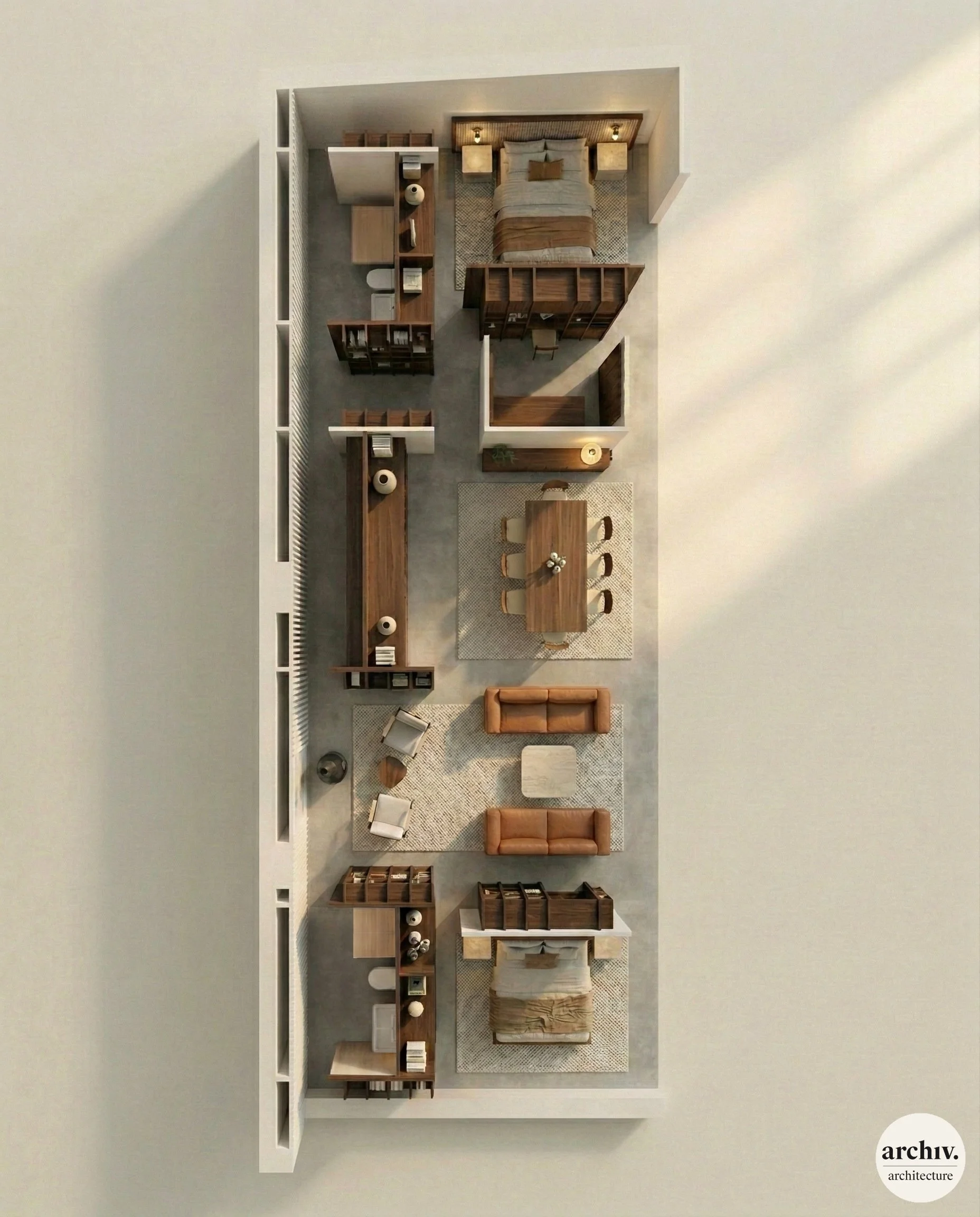 Top-down view of a modern, open-concept apartment layout featuring two bedrooms, two bathrooms, a dining area with a large table and six chairs, a living space with two sofas and two chairs, and various shelves and storage units. renovated loft Paris