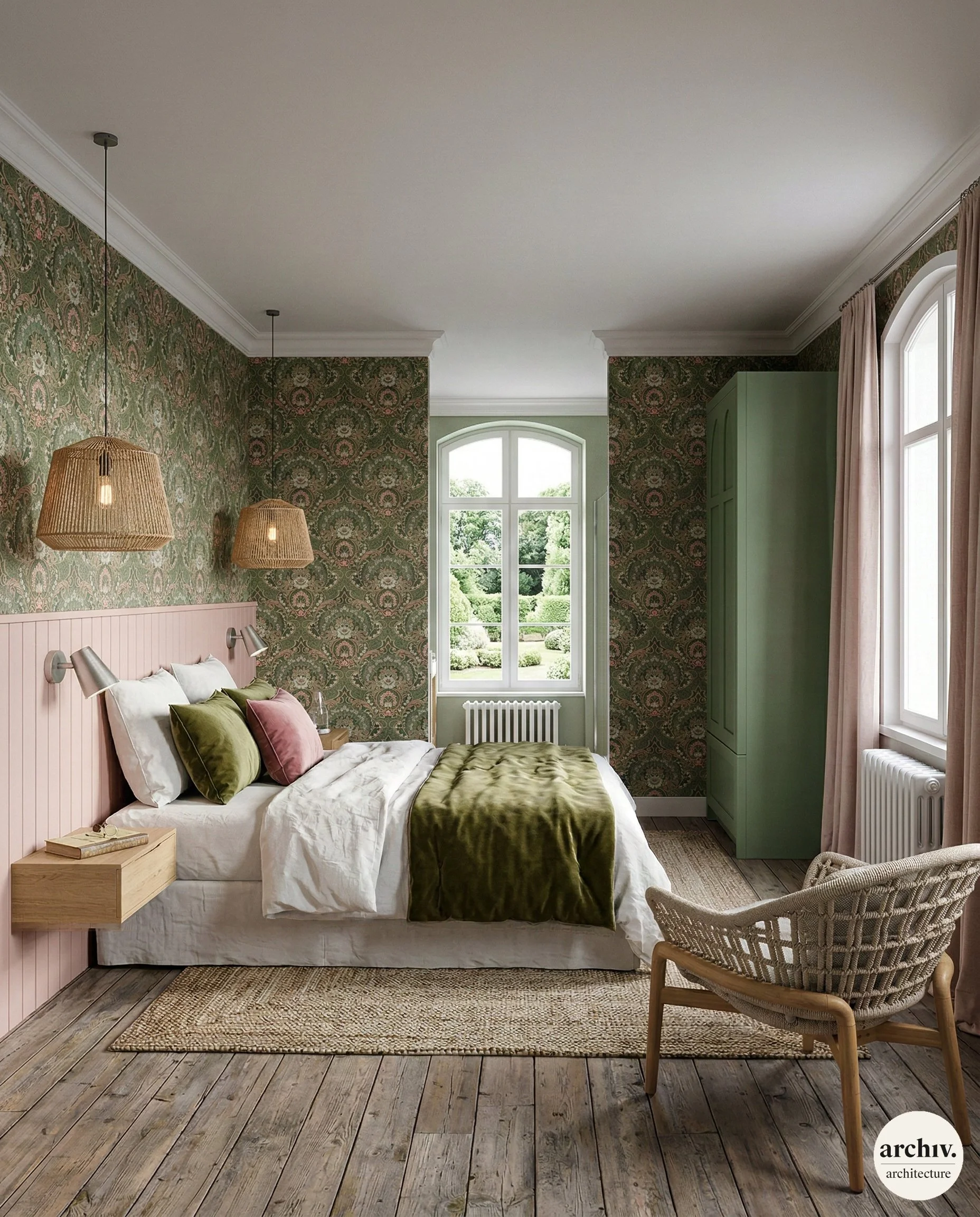 A bedroom with a large window, green-patterned wallpaper, a bed with white and green pillows, a bedside table, a wicker chair, and a green wardrobe. Reims.
