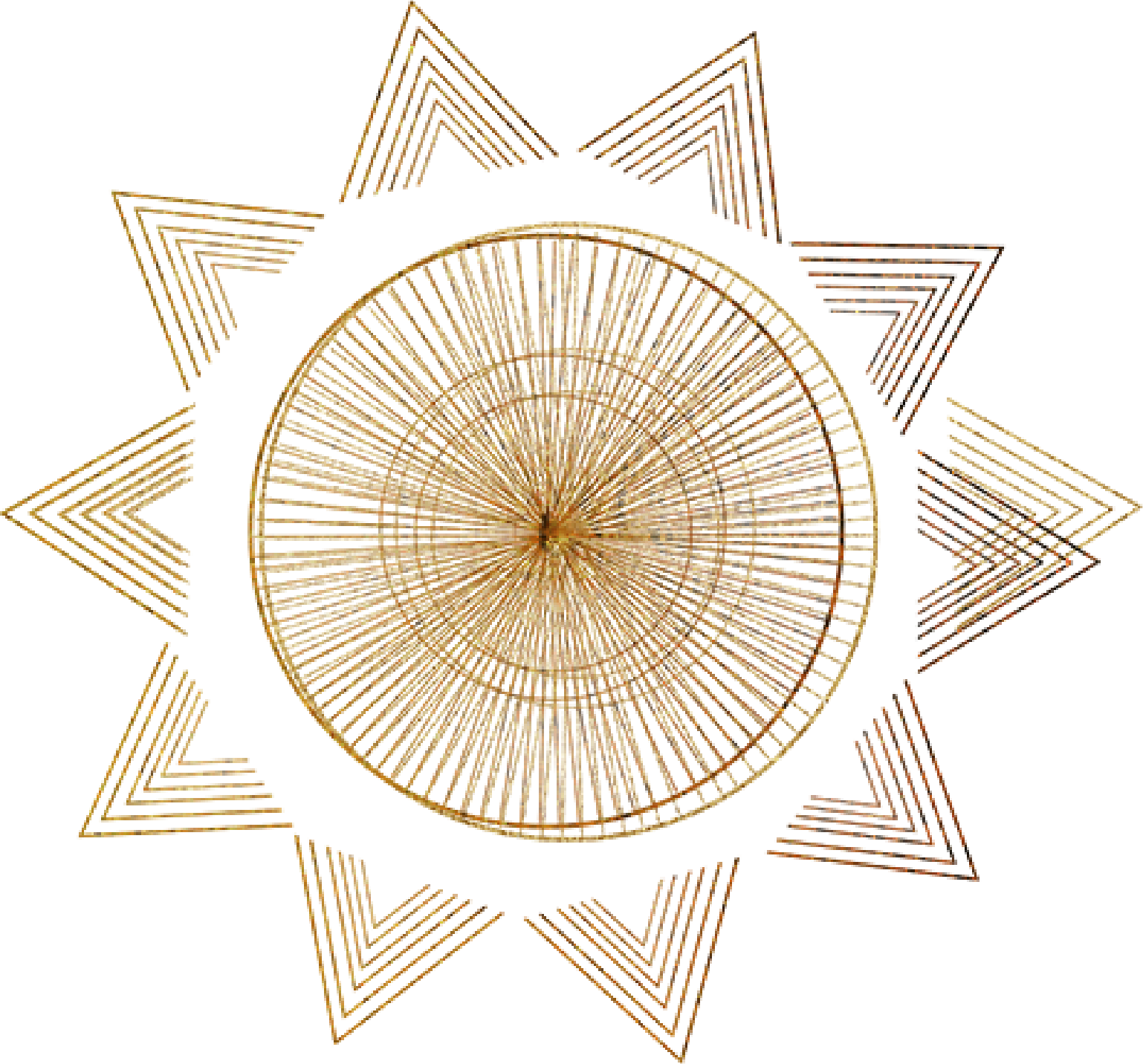 Gold geometric star design on black background with intricate circular and star pattern.