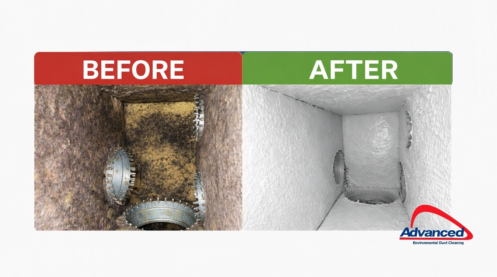 Comparison of a dirty, clogged duct before cleaning, showing dirt and debris, and a clean duct after environmentally-friendly duct cleaning, by Advanced Environmental Duct Cleaning.