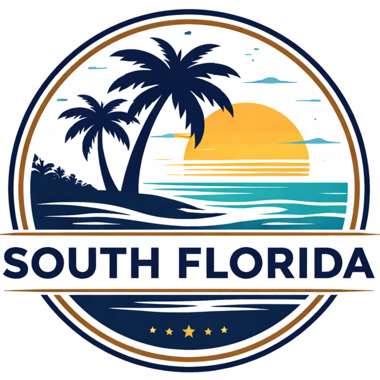 Illustration of a sunset over the ocean with palm trees, labeled 'South Florida'.