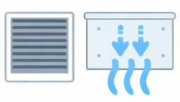 Air conditioning unit with vents and air flow arrows.