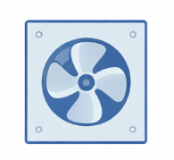 A computer cooling fan with a square frame and five blades, depicted in gray and white.
