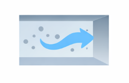 A fish swimming in water with bubbles, shown from the side with a blue arrow indicating movement to the right.