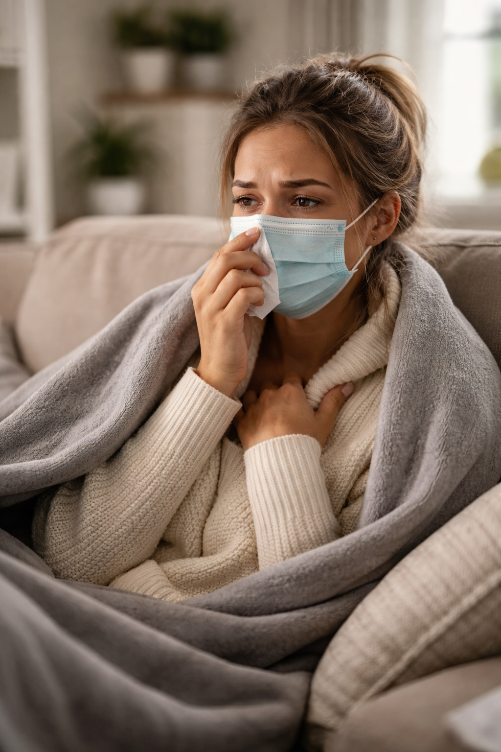 Woman Wearing Mask at Home Due to Poor Indoor Air Quality