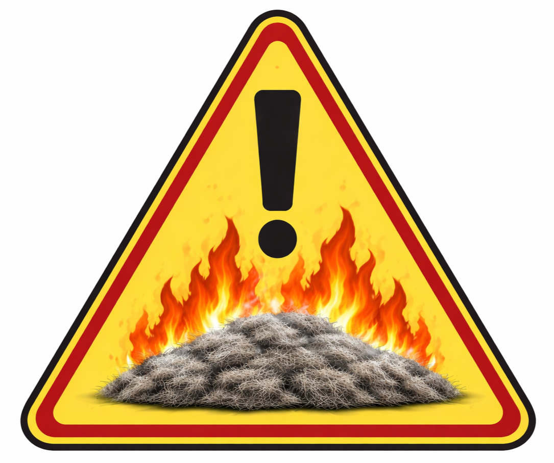 Warning sign with an exclamation mark and a fire burning on a pile of plants or organic material.