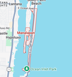 Map showing the Manalapan and Hypoluxo areas along the coast, including Ocean Inlet Park and South Palm Beach.