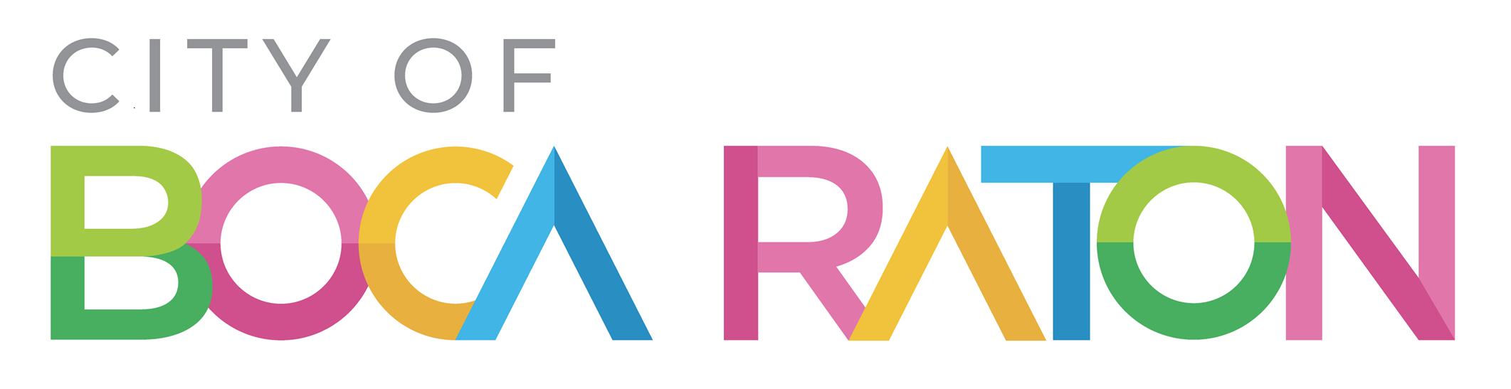 Colorful text reading 'City of Boca Raton' in different colors and stylized font.