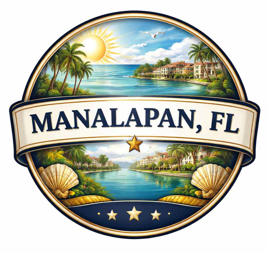 A circular scenic illustration featuring a waterfront with palm trees, houses, and a bright sun, with seagulls flying in the sky, and the text "Manalapan, FL" in the center banner.