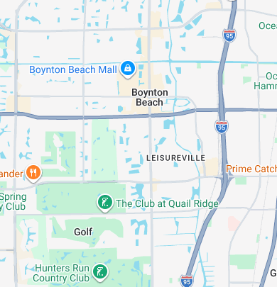 Map showing Boynton Beach area with landmarks including Boynton Beach Mall, Leisureville, The Club at Quail Ridge, Hunters Run Country Club, and nearby highways I-95 and local roads.