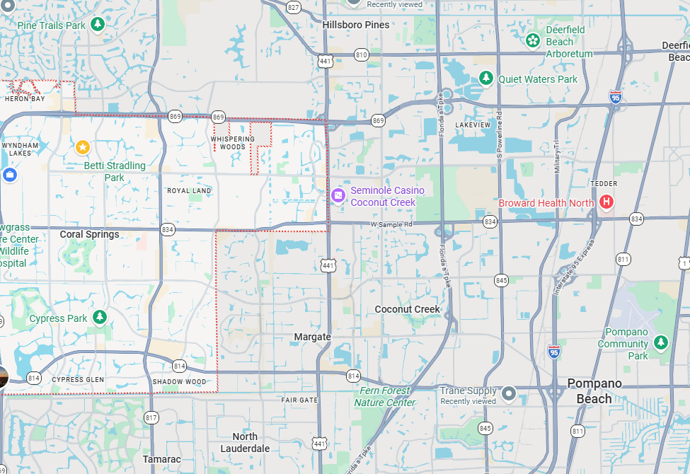Advanced Environmental Duct cleaning Service Map areas including Coconut Creek and Pompano Beach and surrounding South Florida communities
