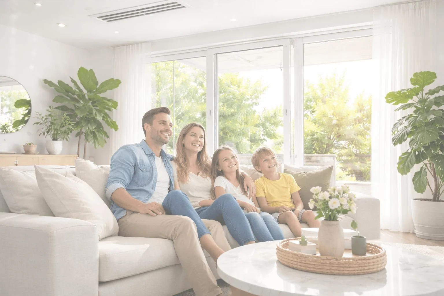 South Florida family relaxing in a bright home with improved indoor air quality after professional duct cleaning