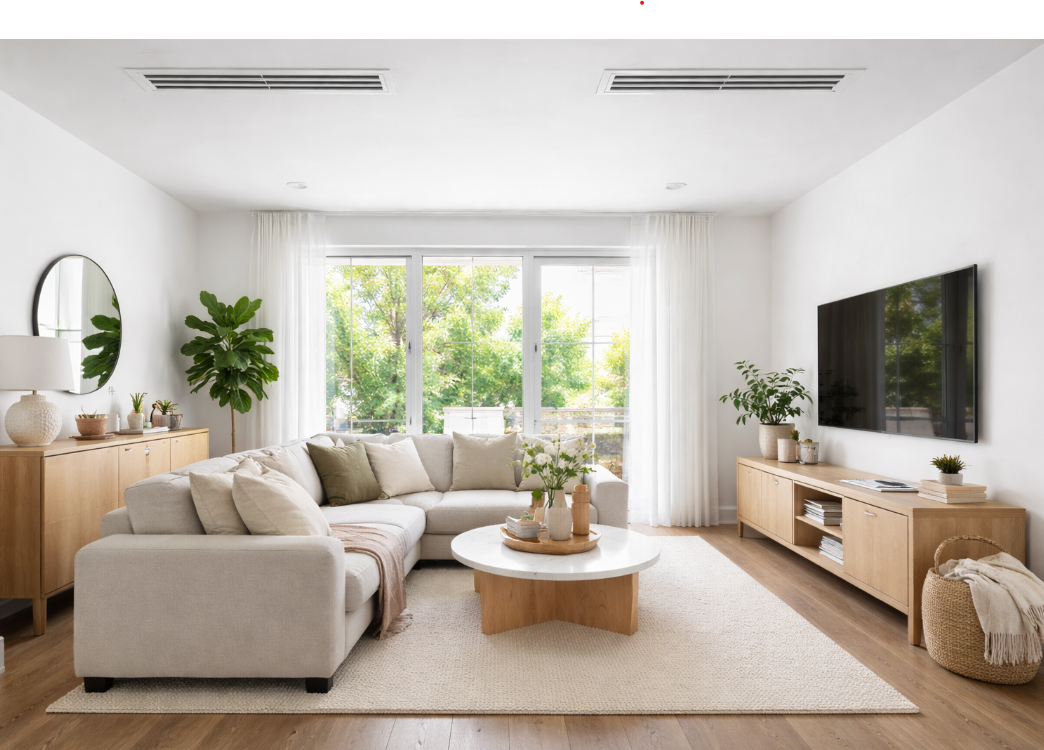Bright modern living room with clean indoor air and ceiling AC vent after professional air duct cleaning.