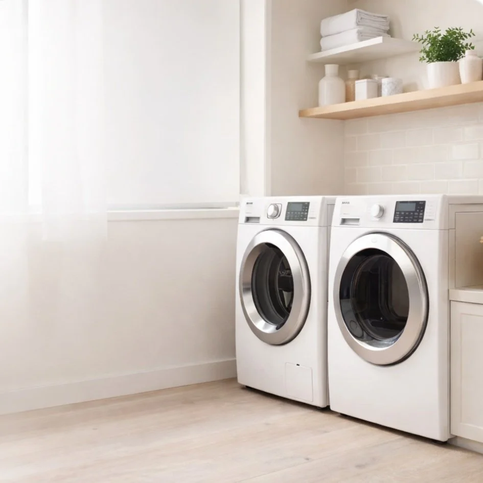 Modern laundry room with washer and dryer representing professional dryer vent cleaning service in South Florida