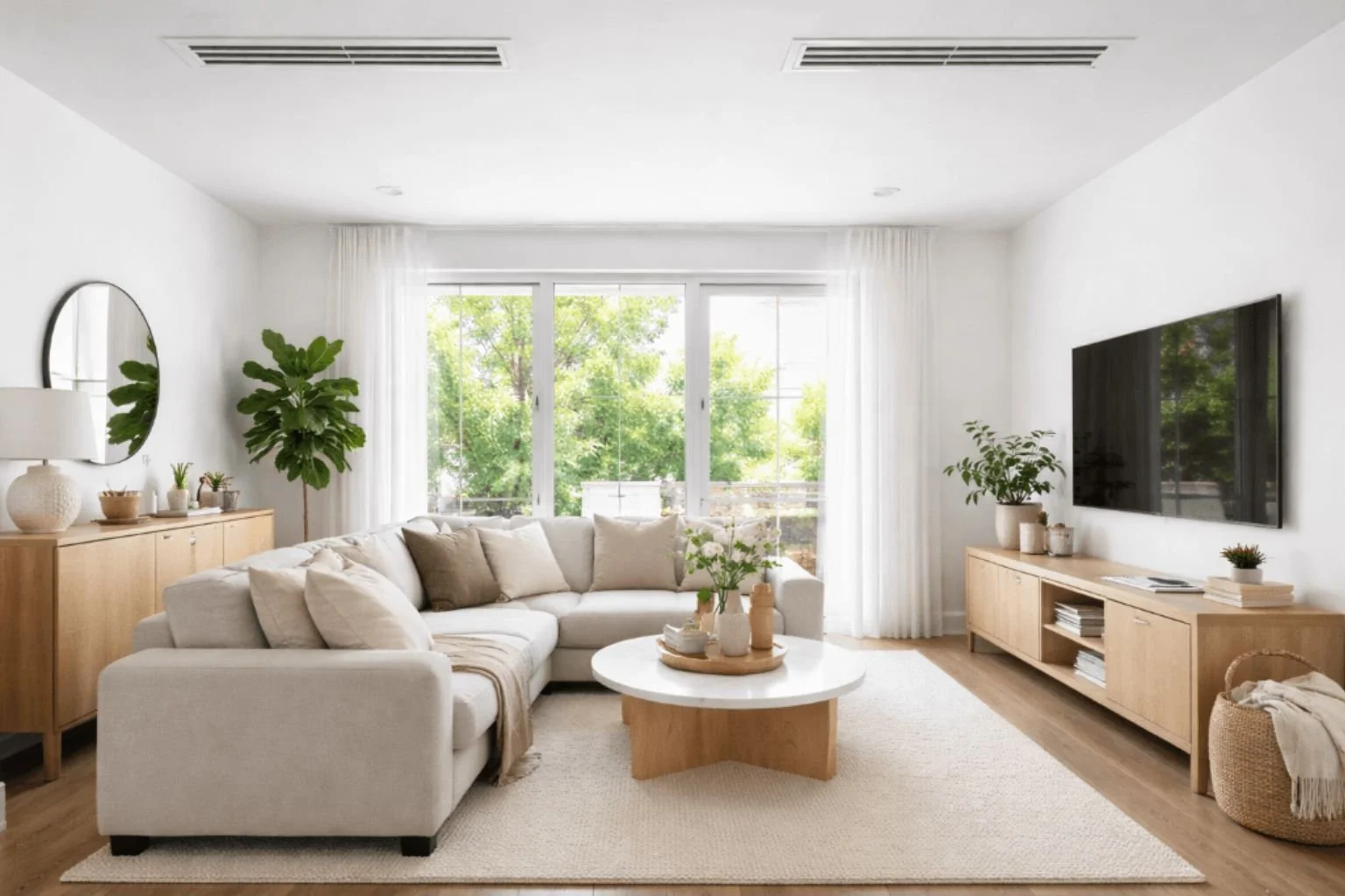 Bright modern living room with clean indoor air and ceiling AC vent after professional air duct cleaning.