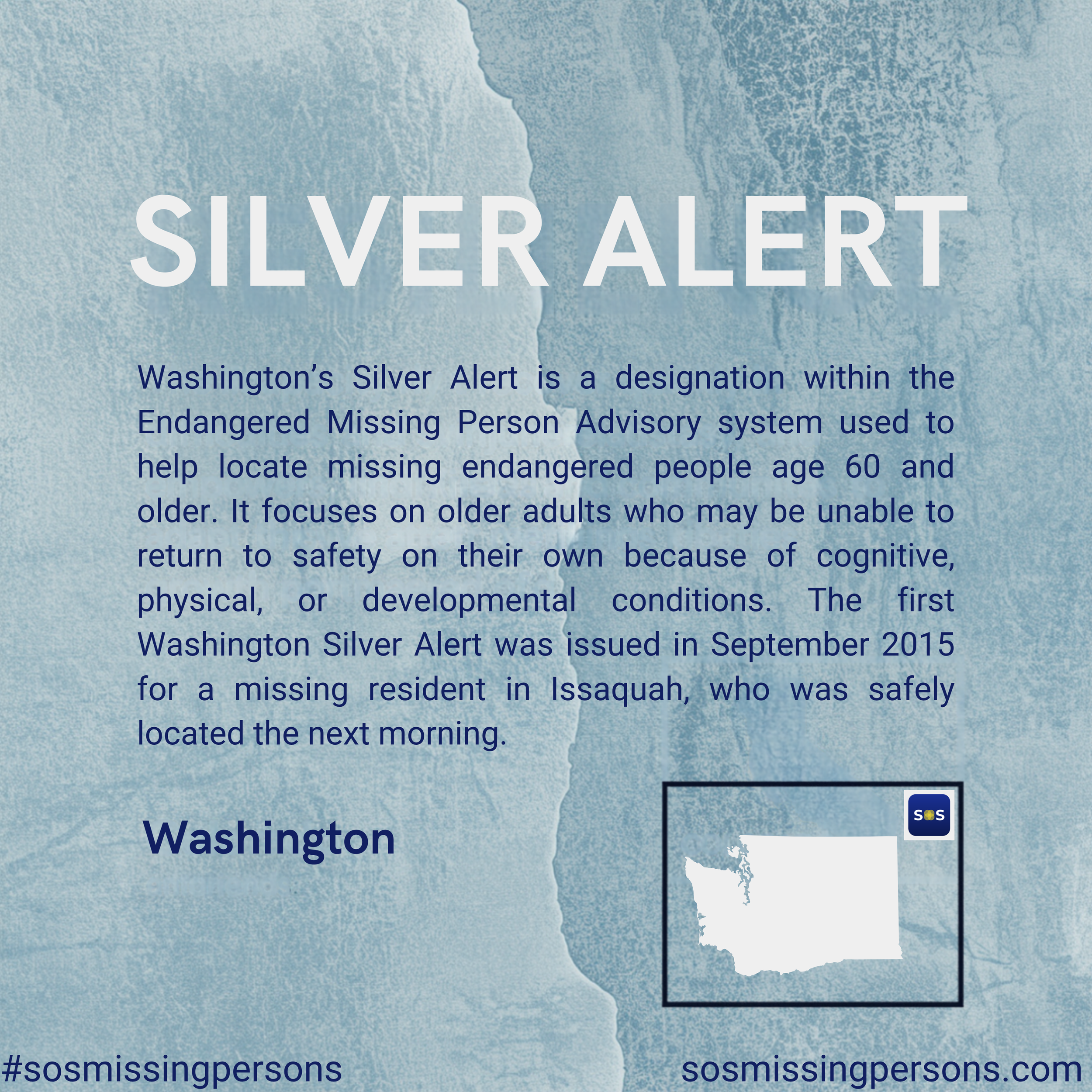 Washington’s Silver Alert is a designation within the Endangered Missing Person Advisory system used to help locate missing endangered people age 60 and older. It focuses on older adults who may be unable to return to safety on their own because of c