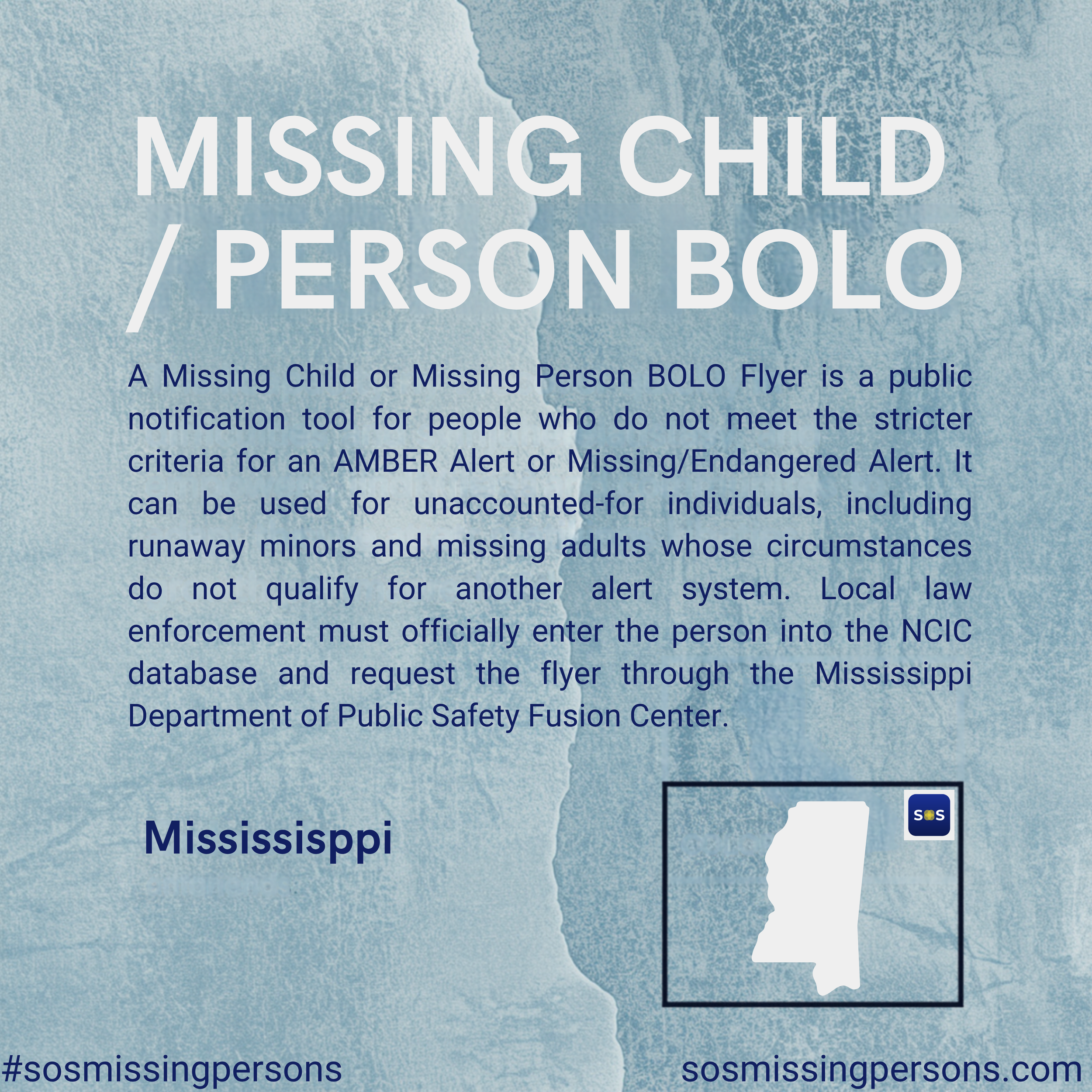 A Missing Child or Missing Person BOLO Flyer is a public notification tool for people who do not meet the stricter criteria for an AMBER Alert or Missing/Endangered Alert. It can be used for unaccounted-for individuals, including runaway minors and m